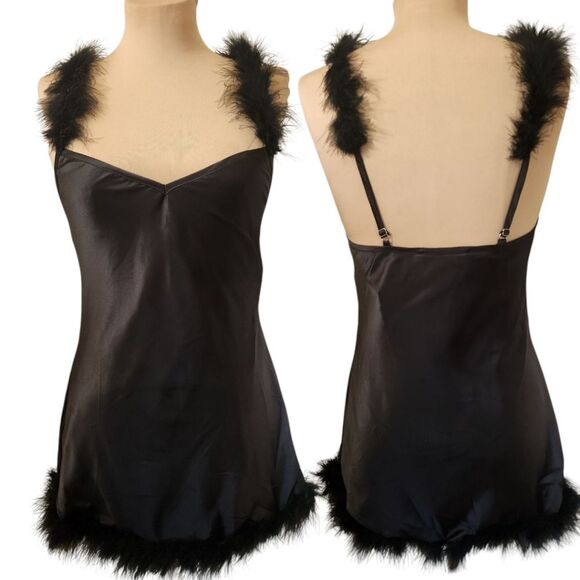 DOLLS KILL🔖NWT! TRICKZ N' TREATZ Black Satin Marabou Trimmed Slip Dress - Picture 2 of 11